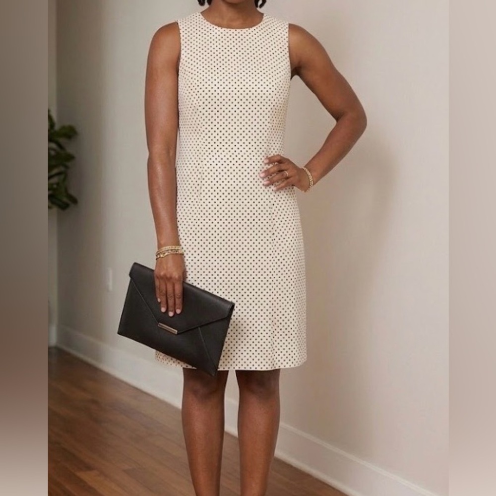 Ann Taylor polkadot sheath dress above knee sleeveless career wear pleats 10